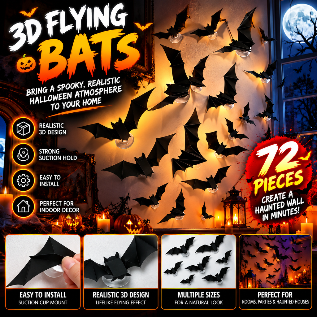 72-Piece 3D LED Halloween Bat Wall Decor