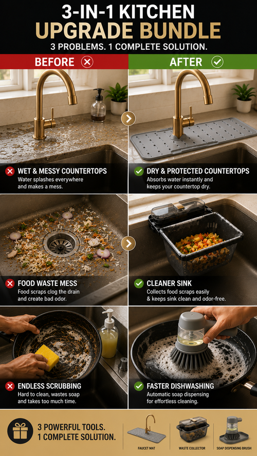 HomeEasy247 Kitchen Bundle Before and After - Wet countertops fixed, clogged drain fixed, endless scrubbing fixed