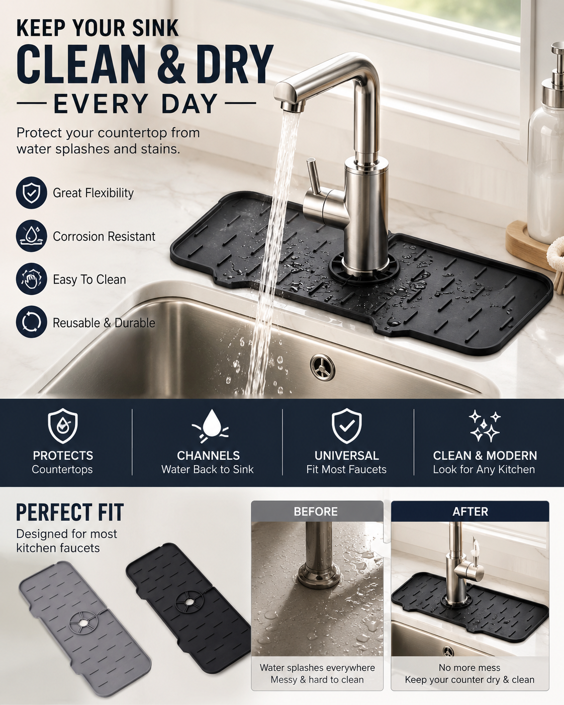 Absorbent Faucet Splash Mat for Kitchen & Bathroom Sink