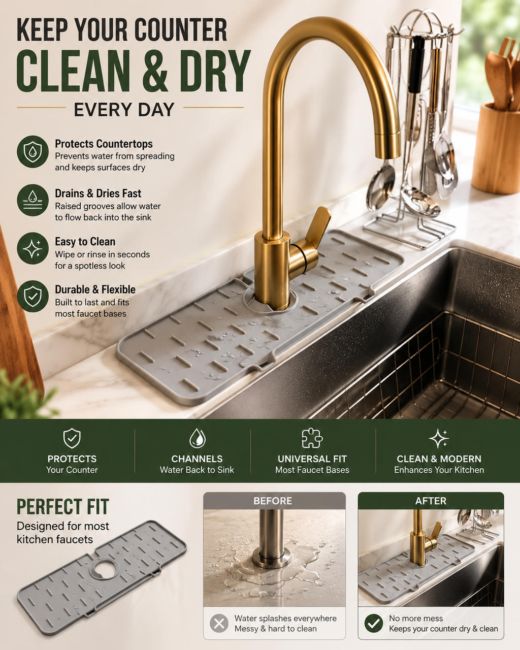 Absorbent Faucet Splash Mat for Kitchen & Bathroom Sink