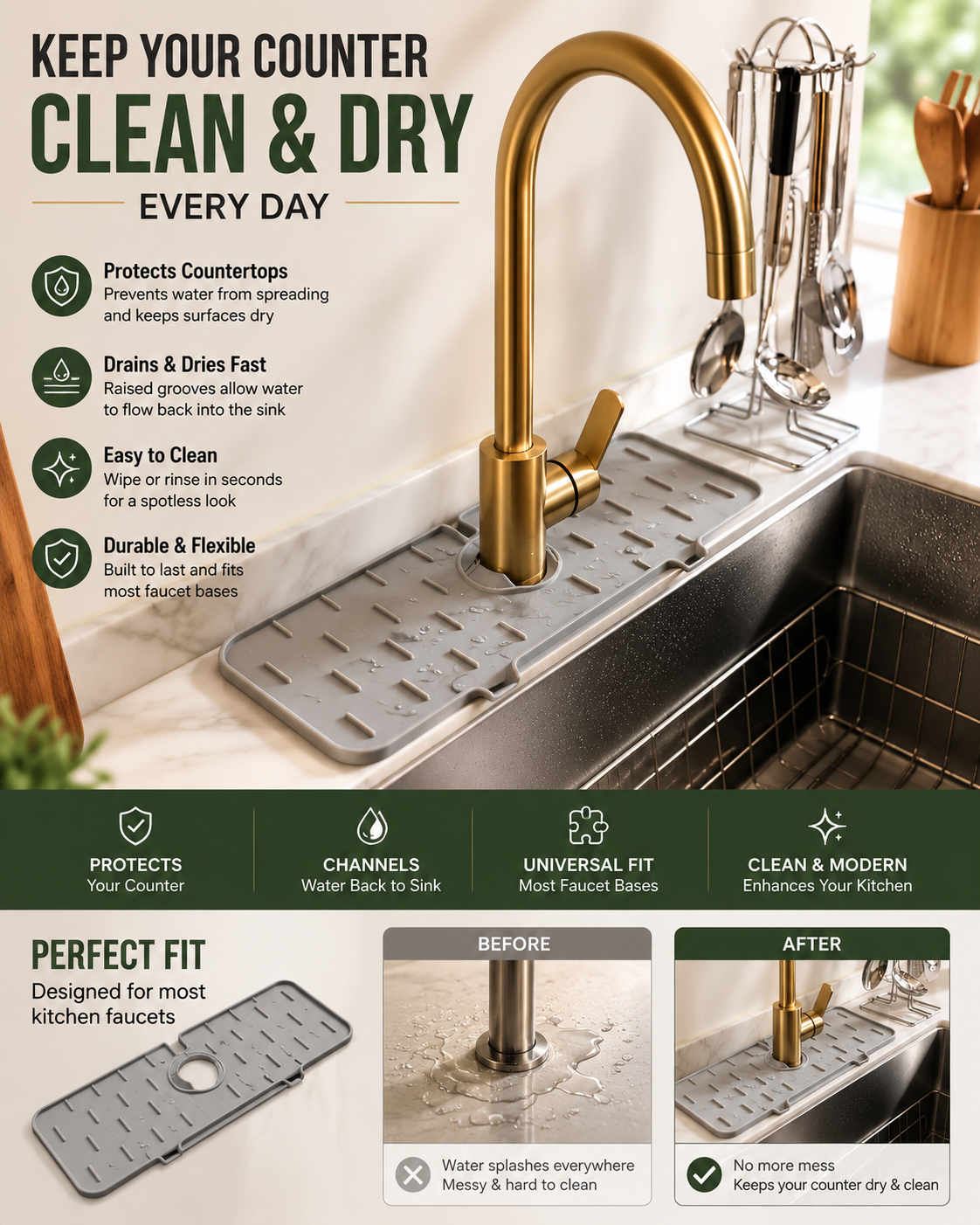 Absorbent Faucet Splash Mat for Kitchen & Bathroom Sink