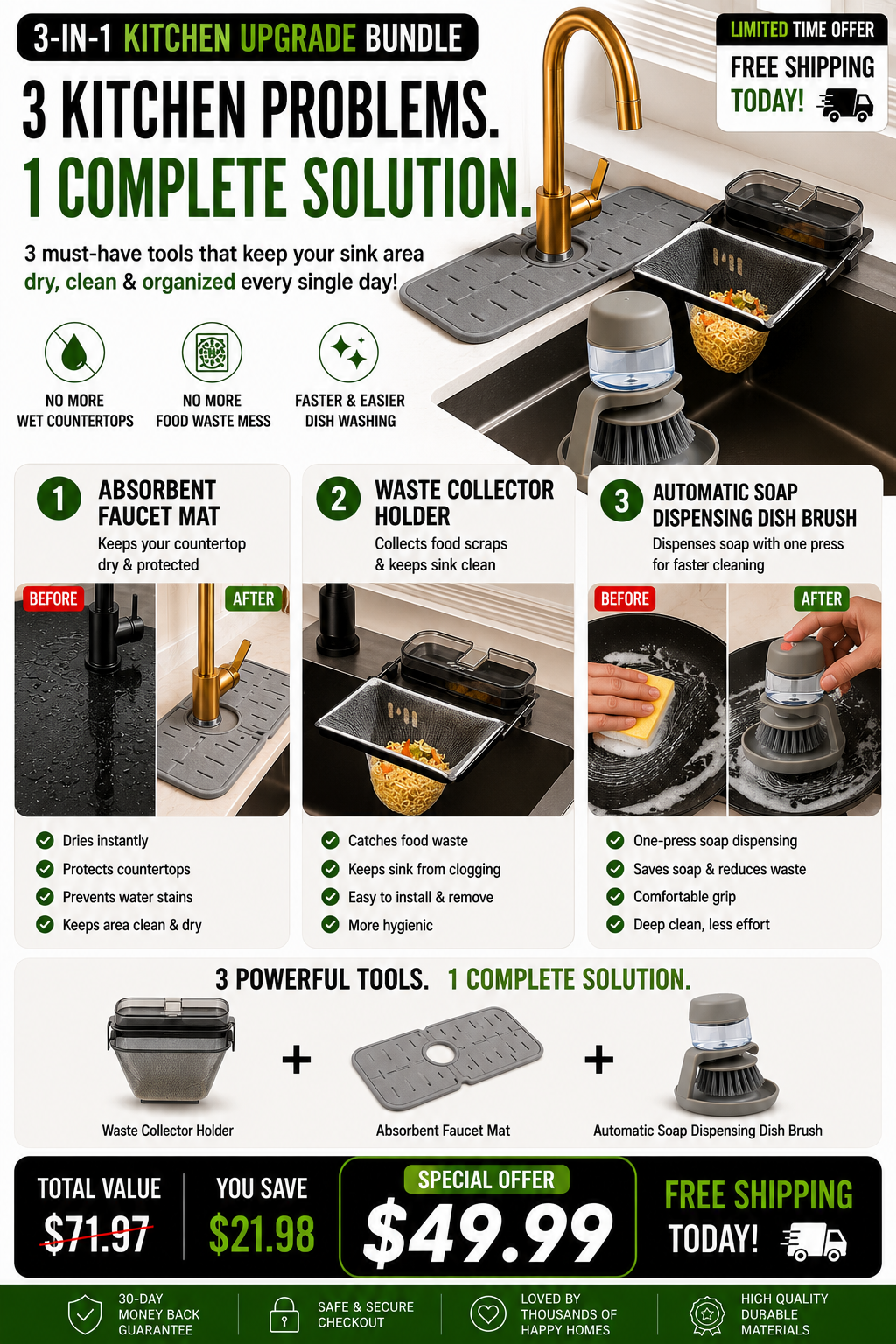 HomeEasy247 3-in-1 Kitchen Upgrade Bundle - Faucet Mat, Waste Collector and Soap Dispensing Brush set at $49.99